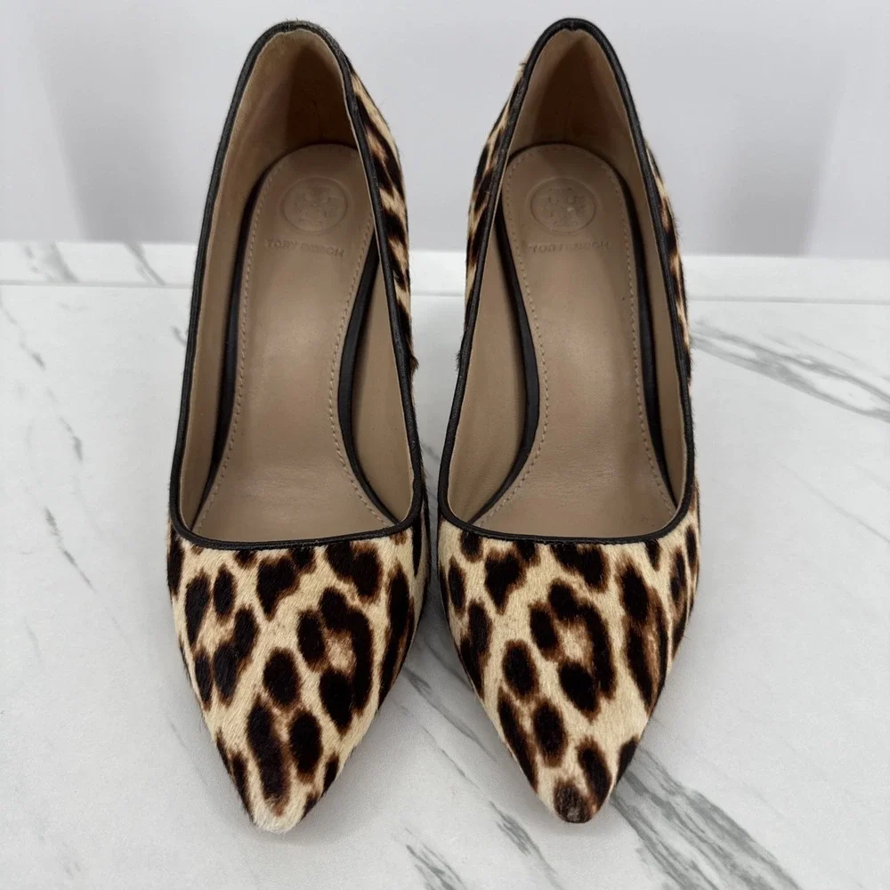 Tory Burch Elana Leopard Animal Print Leather Pumps Heels Calf Hair Chic 6.5